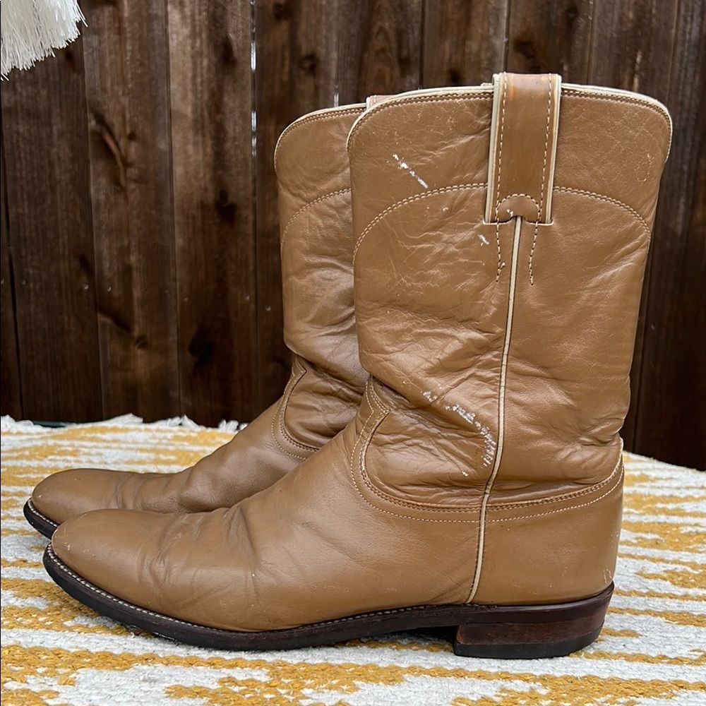 Justin Ropers Classic Tan Leather Cowboy Boots Goodyear Oil Resistant Sole Work - Picture 5 of 16